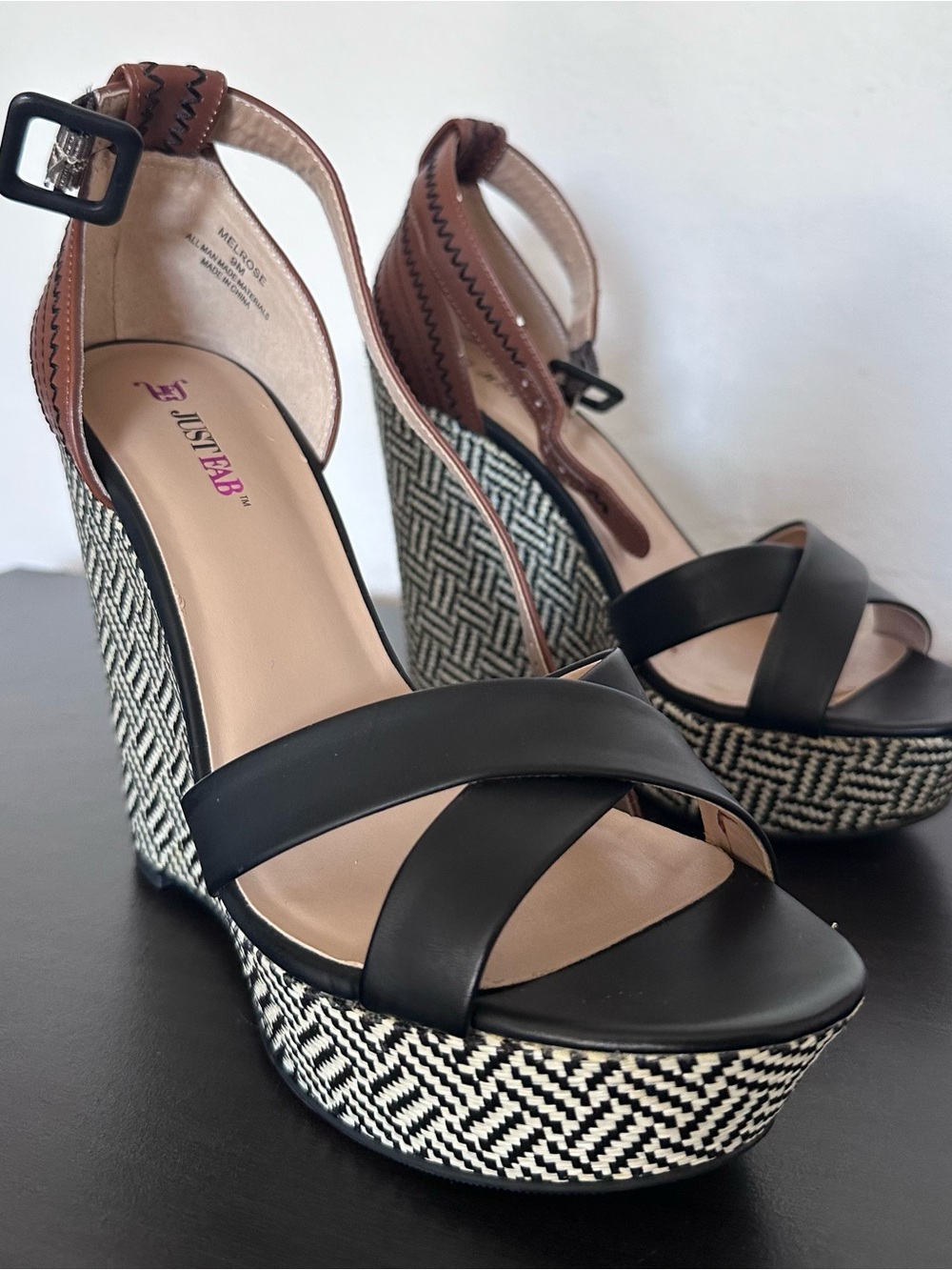 JustFab Black and Brown Woven Platform Wedge heels
